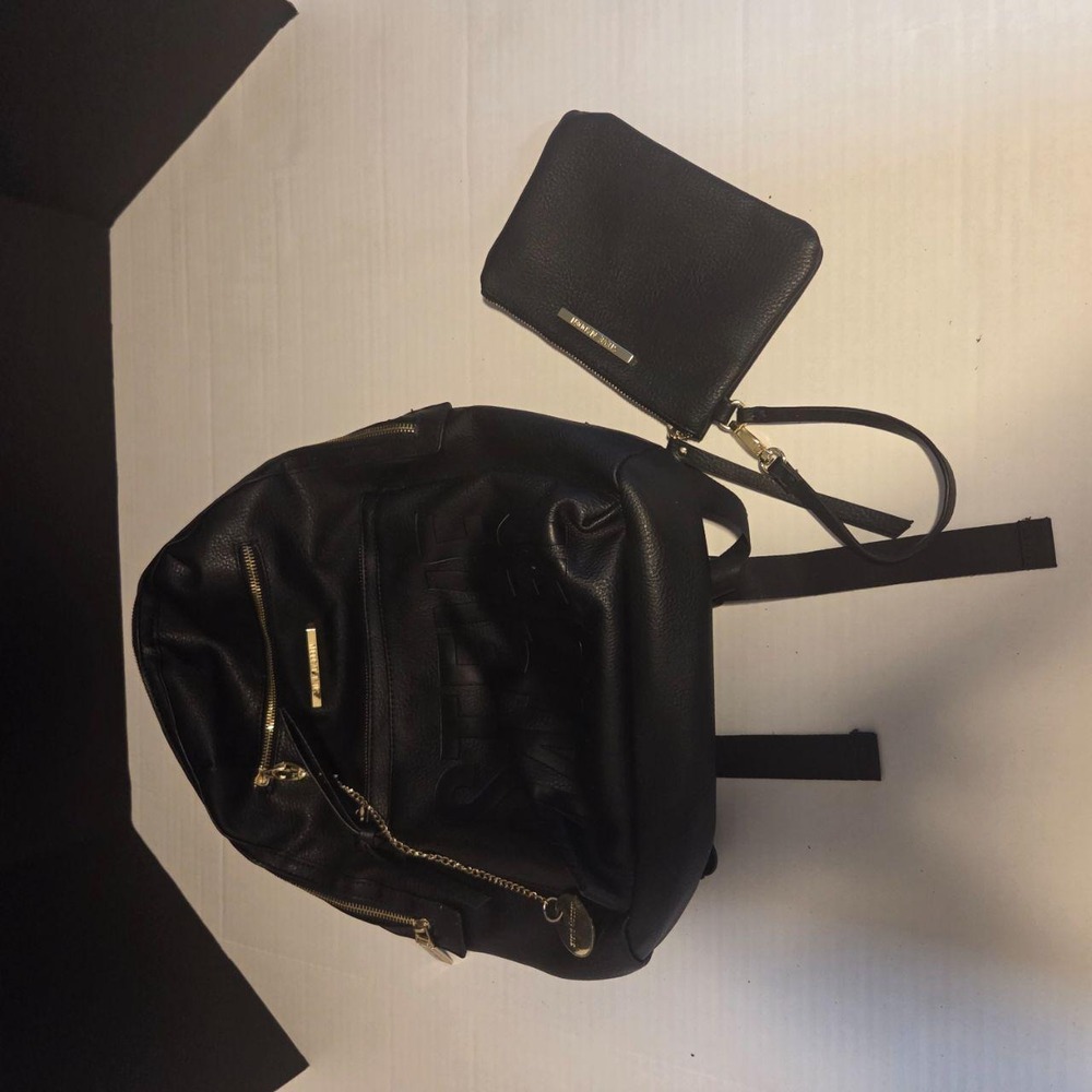 Steve Madden Black Faux Leather Backpack with Matchingโ Wristlet Gold Hardware